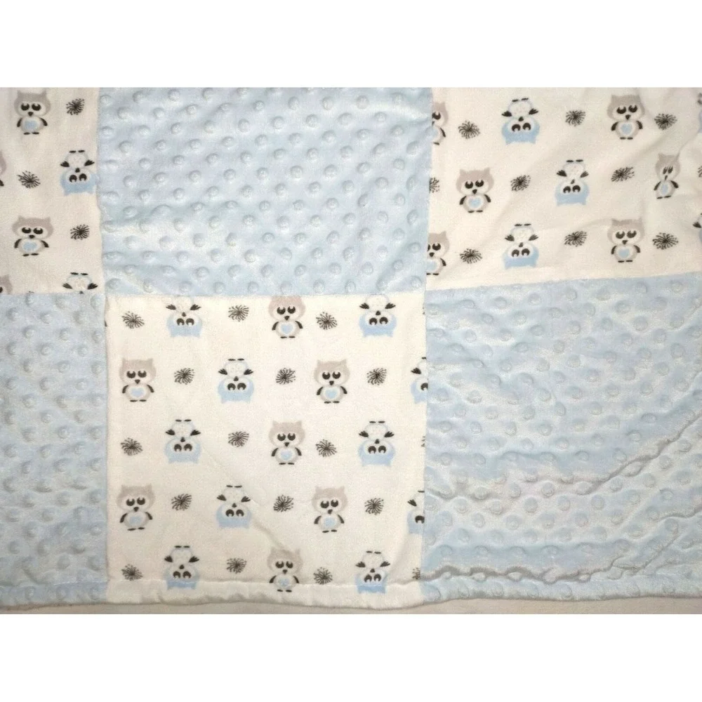 Blankets & Beyond Blue OWL Patchwork White Blanket Lovey Raised Minky Dots Baby
